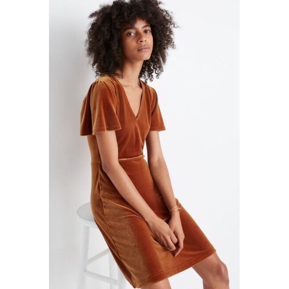 Madewell Velvet V-Neck Flutter-Sleeve Dress Size S in Golden Pecan Forest Fairy